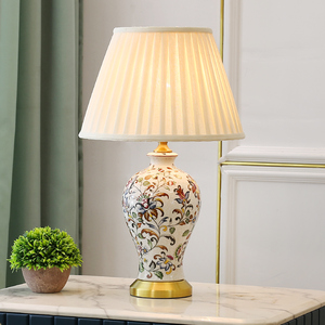 中式全铜陶瓷台灯美式复古彩绘装饰欧式家用温馨卧室百褶床头灯