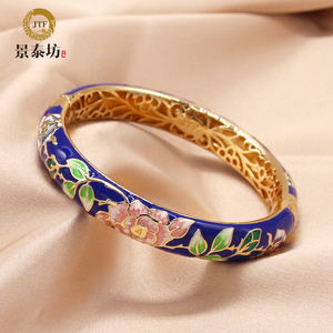 北京景泰蓝珐琅手镯经典铜胎女子中细圆形掐丝双层雕花平按扣牡丹