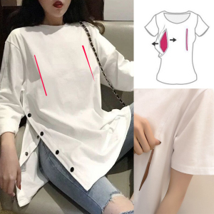 假口袋胸部拉链打开野户外直摸战高开叉女款宽松体恤裙长款袖上衣