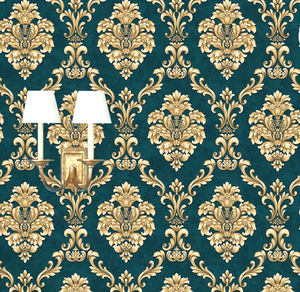 孔雀蓝欧式花墙纸大马士革壁纸墨绿色咖色爱丽莎s581004 581006