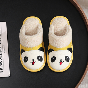 真皮面卡通可爱熊猫儿童棉拖鞋冬季男女室内家居防滑防水软底宝宝