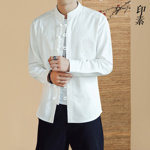 秋款青年男士新中式立领改良唐装上衣男装中国风纯棉衬衫男长袖