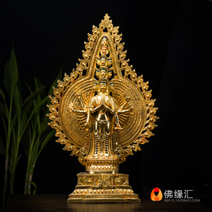 藏传佛教密宗佛像摆件 仿尼泊尔10寸纯铜全鎏金手工千手观音佛像