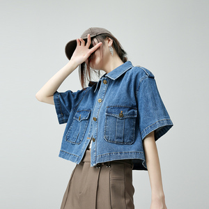 复古时尚短款牛仔外套女2022夏季新款宽松纯色简约百搭短袖上衣潮