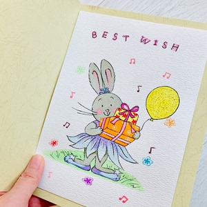 无印刷纯手绘贺卡卡片礼物可爱的小兔子best wish最美好的祝福