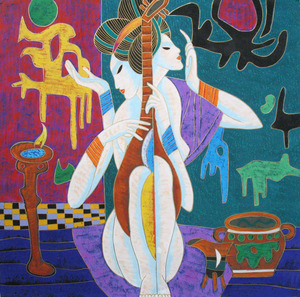 云南重彩画民族特色人物画手绘美女图 四尺斗方 卧室壁饰画x22917