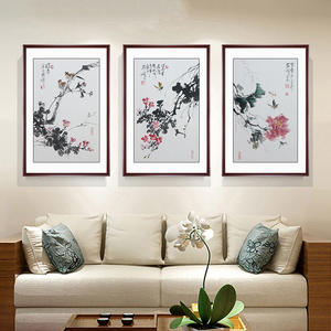手绘客厅装饰画餐厅三联画卧室沙发背景墙有框画壁画国画花鸟挂画