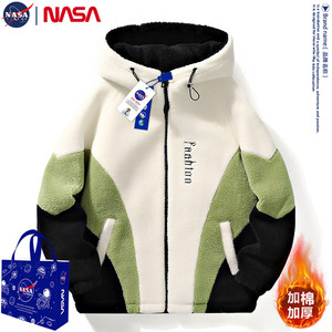 NASA棉衣男款秋冬季羊羔绒男士潮流撞色连帽情侣加厚棉服夹克外套