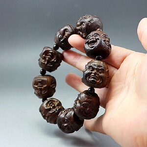 开光沉香木十八罗汉檀香木佛珠佛头手链阴沉木双面细雕刻手串新款