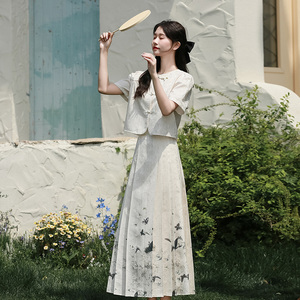 素色左岸新中式国风套装夏季复古马面半身裙女搭配盘扣小衫两件套