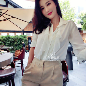 钰懿纺 白色串珠前幅荷叶真丝双绉衬衣设计感小众2019新款衬衫女