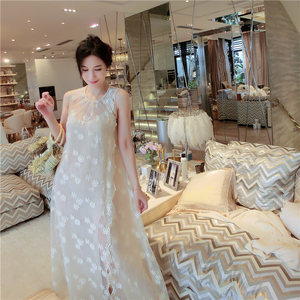 钰懿纺 米色花朵蕾丝开叉背心裙女装时尚新款连衣裙春夏无袖长裙