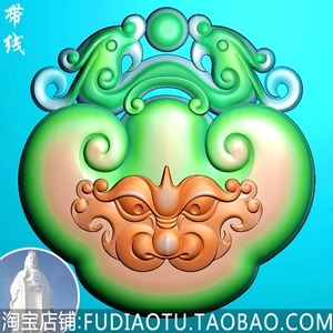 如意兽头平安扣仿古牌双龙百岁锁兽头面玉雕精雕图浮雕图jdp