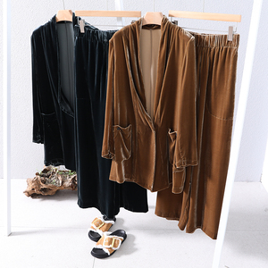 奢华真丝丝绒套装女,长款宽松丝绒西装夹克 阔腿长裤丝绒裤