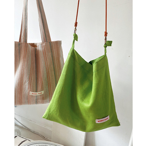 春夏新款不张扬的美~原创设计苎麻绿色单肩包女小众布袋纯色斜跨