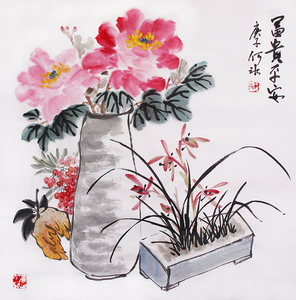 推荐原创国画作品富贵平安牡丹画玄关装饰画客厅挂画三尺斗方书画