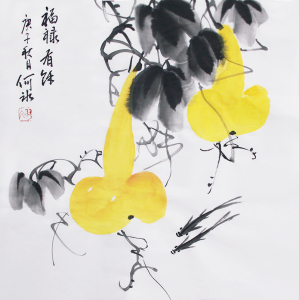 原创手绘国画葫芦鱼图招财字画挂画吉祥画餐厅装饰画芯47x47无框