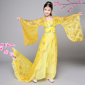 新款儿童唐朝古装仙女公主贵妃宫廷古筝舞蹈演出影楼飘逸拖尾汉服