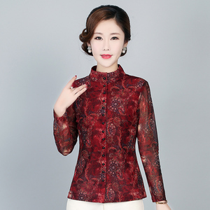 竹语声品牌妈妈女装衬衫台湾网纱打底上衣大码中年妇女弹力红色杉