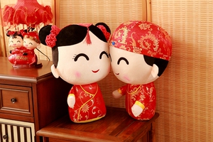 压床娃娃一对结婚礼品 唐装童男童女毛绒情侣公仔送朋友结婚礼物