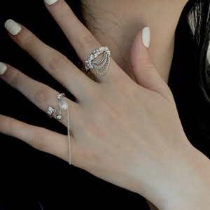 WINDD链条珍珠戒指套装 S925纯银女小众夸张叠戴开口可调节指环