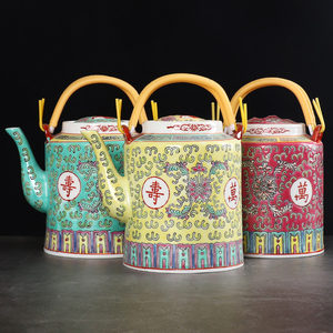 景德镇陶瓷凉水热水壶 80-90年代文革瓷厂货手绘万寿无疆粉彩茶壶
