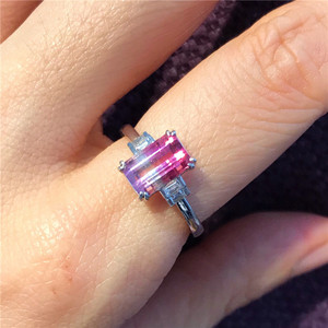 精致天然巴西玻璃体双色碧玺 西瓜碧玺戒指 18k金真钻镶 现货饰品