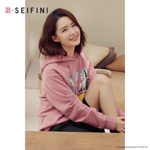 李沁同款梵高联名款诗凡黎卫衣女2020新款秋紫色连帽印花韩版