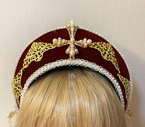 丝绒都铎冠洛丽塔复古金色发饰珍珠十字架皇冠王冠发冠圣母头冠