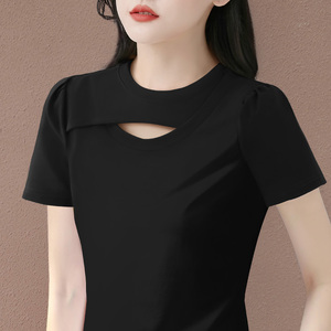 纯棉黑色短袖t恤女2024年新款夏季爆款女装高端设计感半袖体恤衫