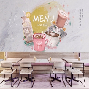 网红奶茶店墙纸休闲清新创意水泥墙工业风涂鸦冷饮店餐厅水吧壁纸