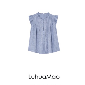 LuhuaMao法式白色飞飞袖衬衫女夏季复古蓝色格子压褶法式别致上衣