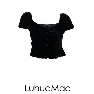 LuhuaMao 巴黎19区 法式rose丝绒上衣女春季设计感短款黑色小衫
