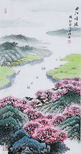 纯手绘三尺条幅客厅玄关写意春景桃花湖畔人家山水画名人字画国画