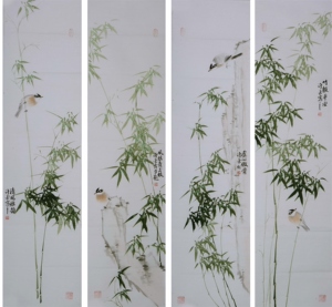 纯手绘四尺条幅客厅办公室写意花鸟竹子绿竹四条屏名人字画中国画