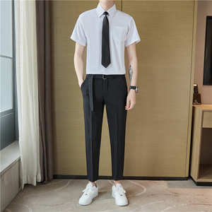 白色短袖衬衫西裤套装男正装面试潮流大学生求职毕业照衬衣两件套