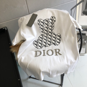 dior/迪奥新款小熊字母印花镶钻logo休闲短袖圆领时尚t恤男女tee
