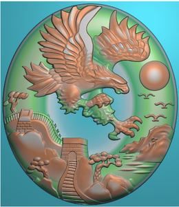 山水老鹰鹏程万里雄鹰圆牌精雕图浮雕玉雕灰度图jdp电脑雕刻图