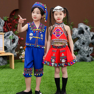 新款六一儿童苗族演出服女童彝族服装少数民族舞蹈服饰傣族表演服