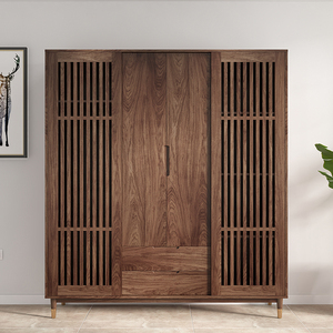 北美黑胡桃格栅衣柜北欧实木移门衣橱家用卧室日式简约现代推拉门