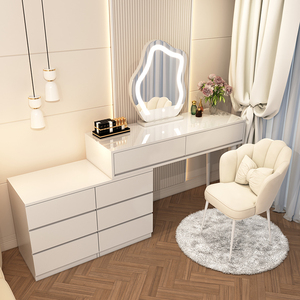奶油风梳妆台卧室现代简约2023新款床头斗柜书桌实木化妆台镜一体