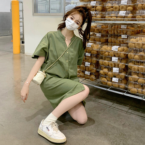 夏季韩版宽松复古小个子立领工装衬衫裙休闲气质绿色直筒连衣裙女