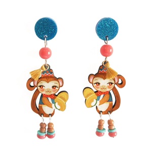 西班牙设计师Gema 木板亚克力创意马戏团玩具夸张长耳钉 猴子与钹