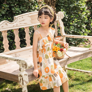 女童黄色吊带裙5-6岁儿童波西米亚碎花纯棉裙子7-8-9小女孩沙滩裙