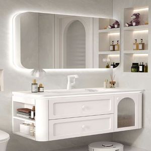 2024最新款浴室柜组合岩板热弯一体盆圆角镜子卫生间洗手洗脸盆柜