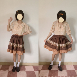 Vintage日本制甜美少女蝴蝶结波点雪纺上衣+日单巧克力荷叶边半裙