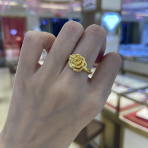 香港999足金玫瑰花黄金戒指3d硬金活口指环订婚戒素金情人节礼物