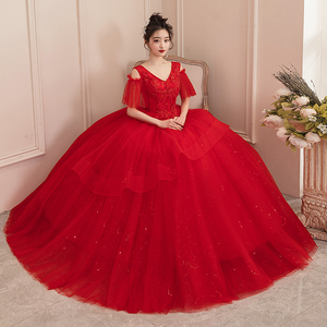婚纱2023新款新娘气质礼服超仙梦幻独唱演出服红色简约小个子森系