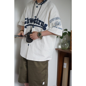 南方公园／日系宽松复古字母刺绣 男女棒球休闲五分短袖开衫衬衫