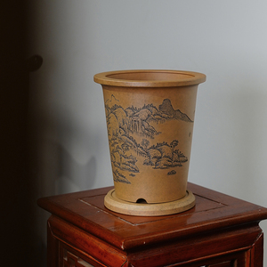 秦夕洪紫砂花盆精品段泥柴烧透气春兰寒兰植物手工圆形中号桌面盆